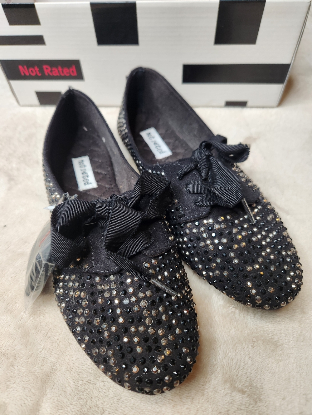 Not Rated Black Rhinestone Lace Up Flats